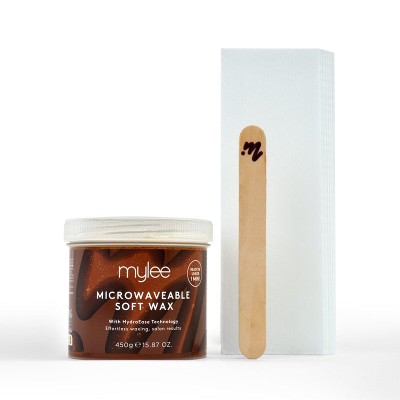 Mylee Microwaveable Soft Wax Kit 450g â€“ Water Rinse Formula, No Sticky Residue â€“ Quick-Heat, Vegan & Gentle for Face & Body â€“ Includes Heat-Sensor Spatula & 12 Strips â€“ Salon-Quality At-Home Waxing